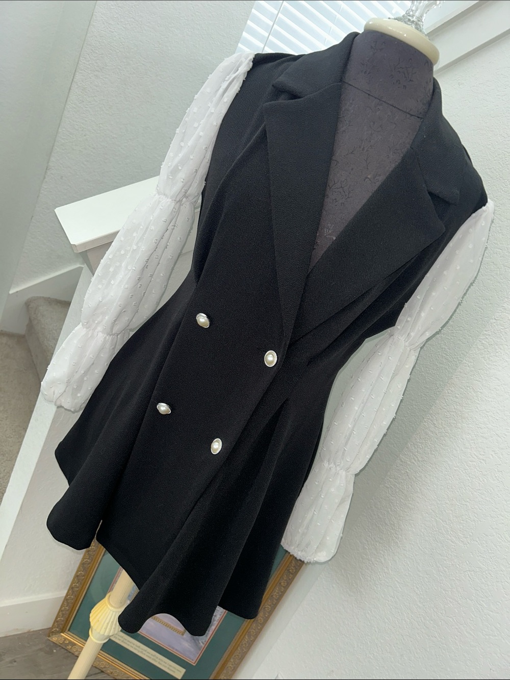 Black Double-Breasted Women's Blazer with Pearl Buttons